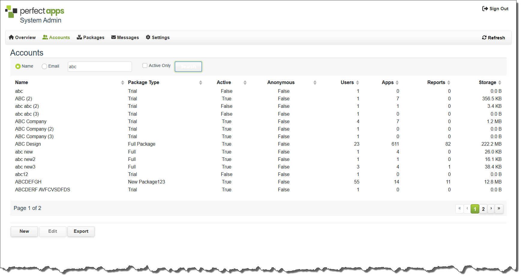 Admin Accounts Page