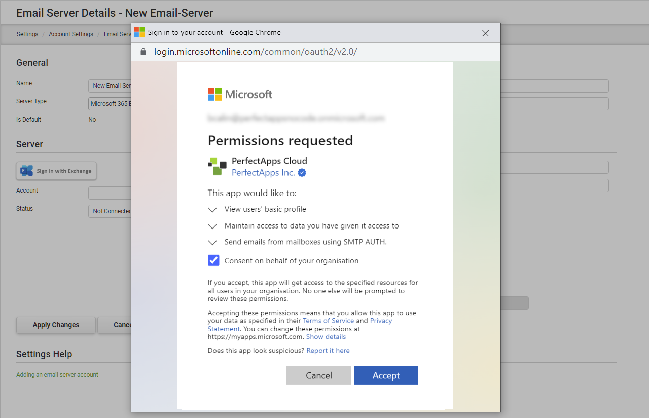 Adding an Account Resource - E-mail Server - Exchange - consent