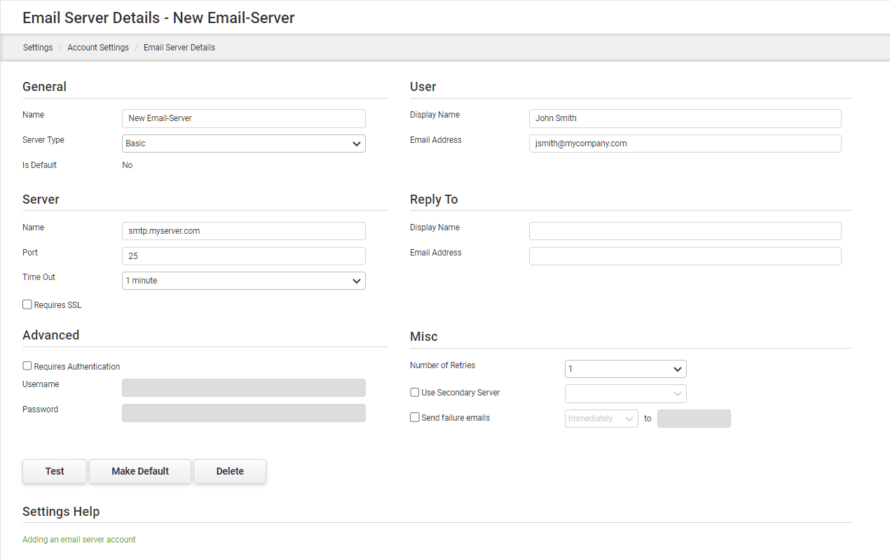 Adding an Account Resource - E-mail Server - Basic