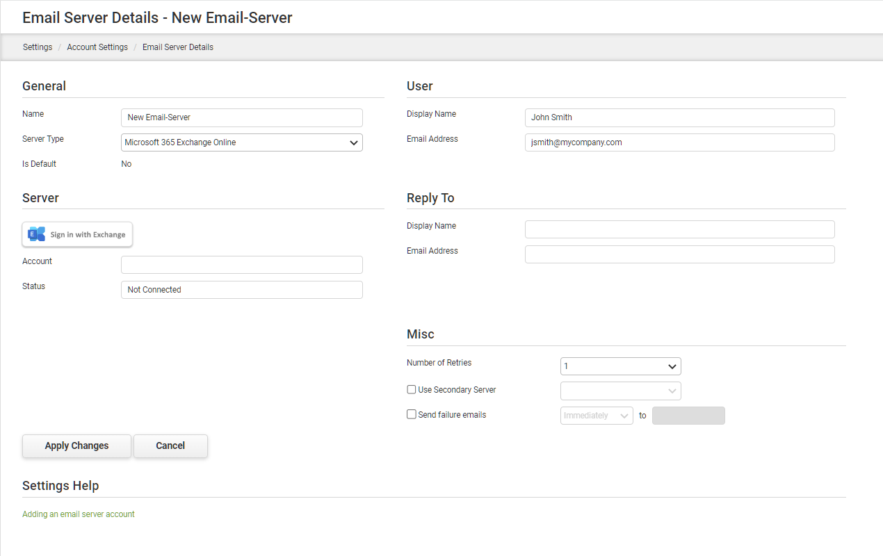 Adding an Account Resource - E-mail Server - Exchange