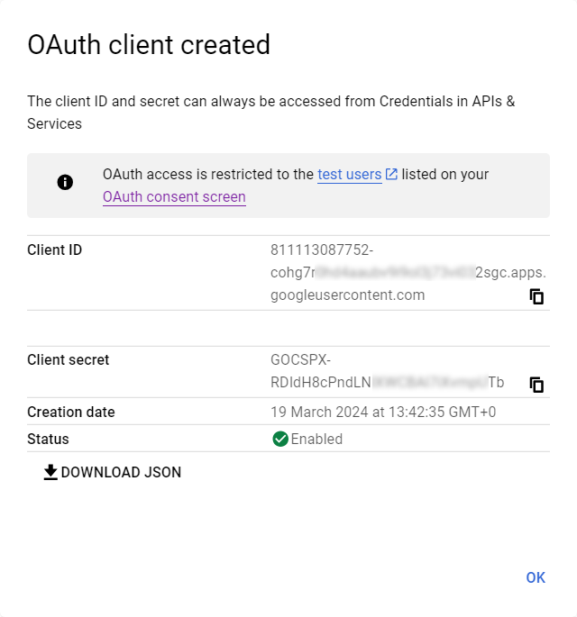 Google API Console - OAuth client created