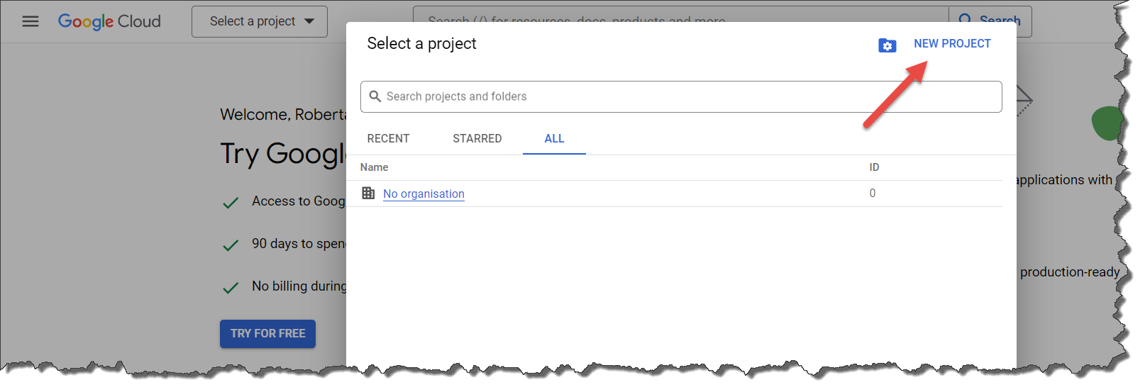 Google API Console - New Project