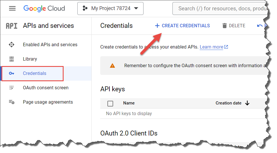 Google API Console - Create Credentials
