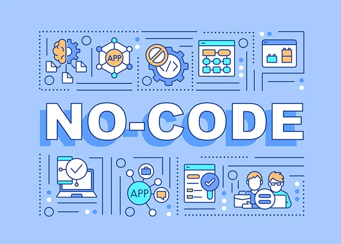 “No Code” spelled out in white lettering against a periwinkle blue background and several small conceptual animations of no-code tools in use.